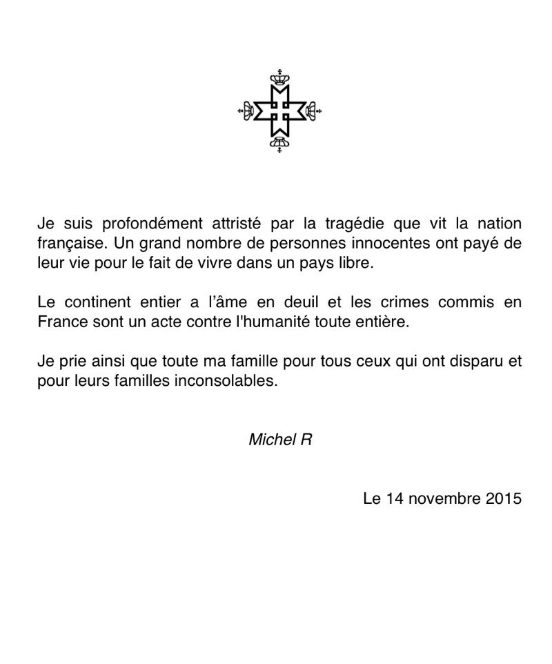 Message Roi Michel de Roumanie 14nov2015